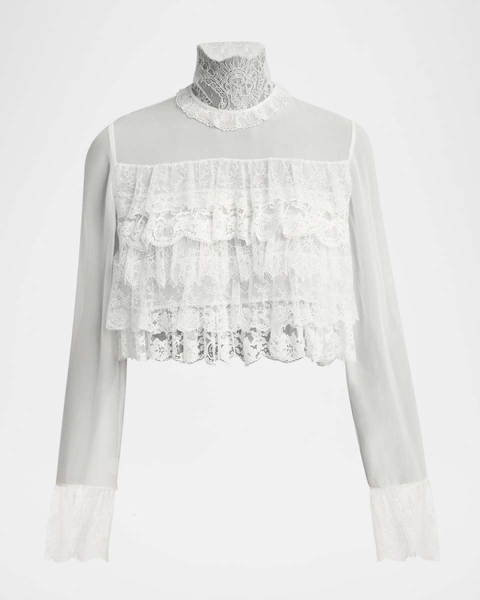 Lace Ruffle Long-Sleeve Silk Crop Top